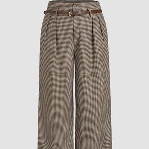 Houndstooth Mid Waist Belted Wide Leg Trousers
